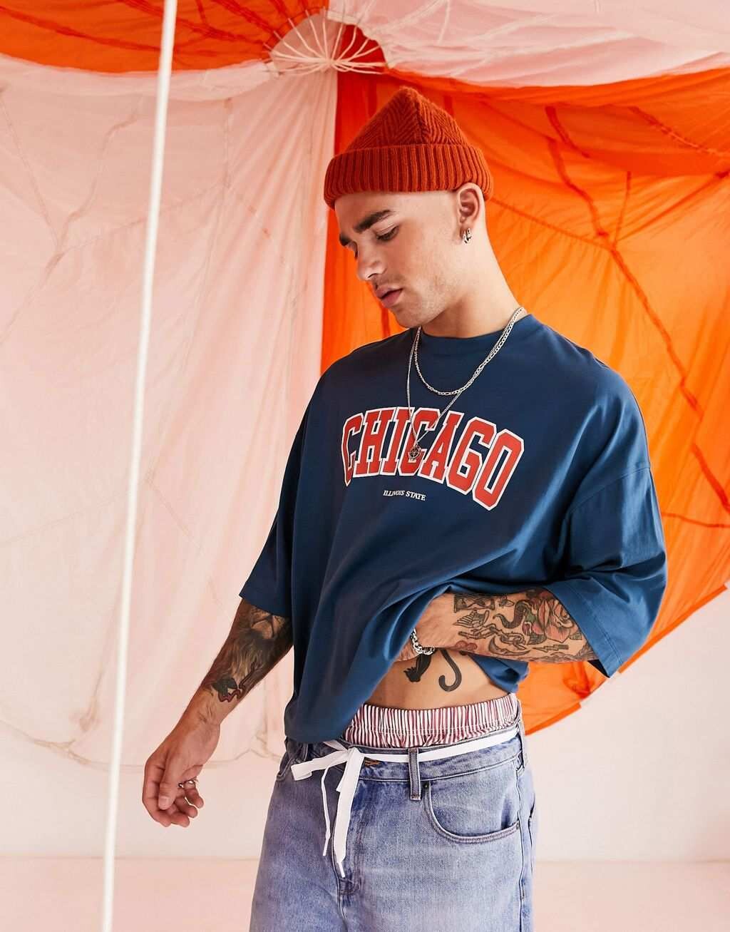 

Синяя футболка оверсайз с принтом города Чикаго ASOS DESIGN, Синий