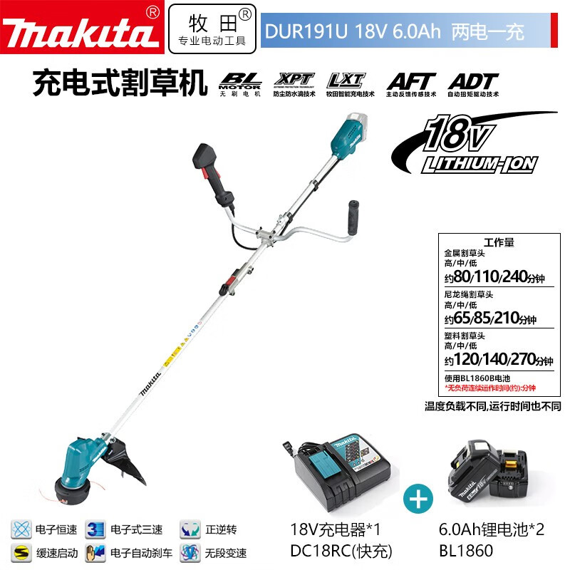 Makita DUR191U бесщеточная литиевая аккумуляторная газонокосилка-кусторез U-образная ручка 18V6.0Ah двухаккумуляторная быстрая зарядка