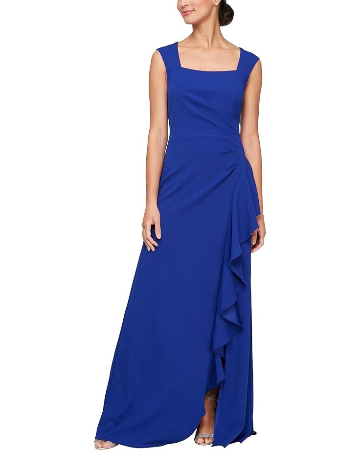 

Платье Alex Evenings Long Crepe with Square Neck and Cascade Ruffle Detail, цвет Royal