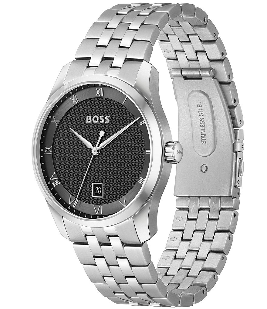 Hugo Boss Мужские аналоговые кварцевые часы-браслет с черным циферблатом из нержавеющей стали, серебро мужские аналоговые кварцевые часы с большим циферблатом из нержавеющей стали