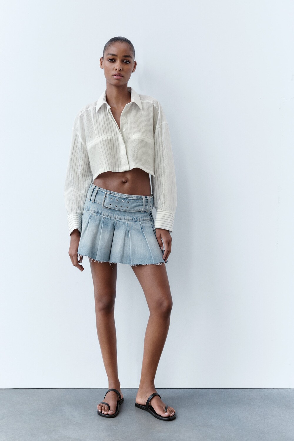 

Укороченная рубашка в полоску Zara, черный/белый