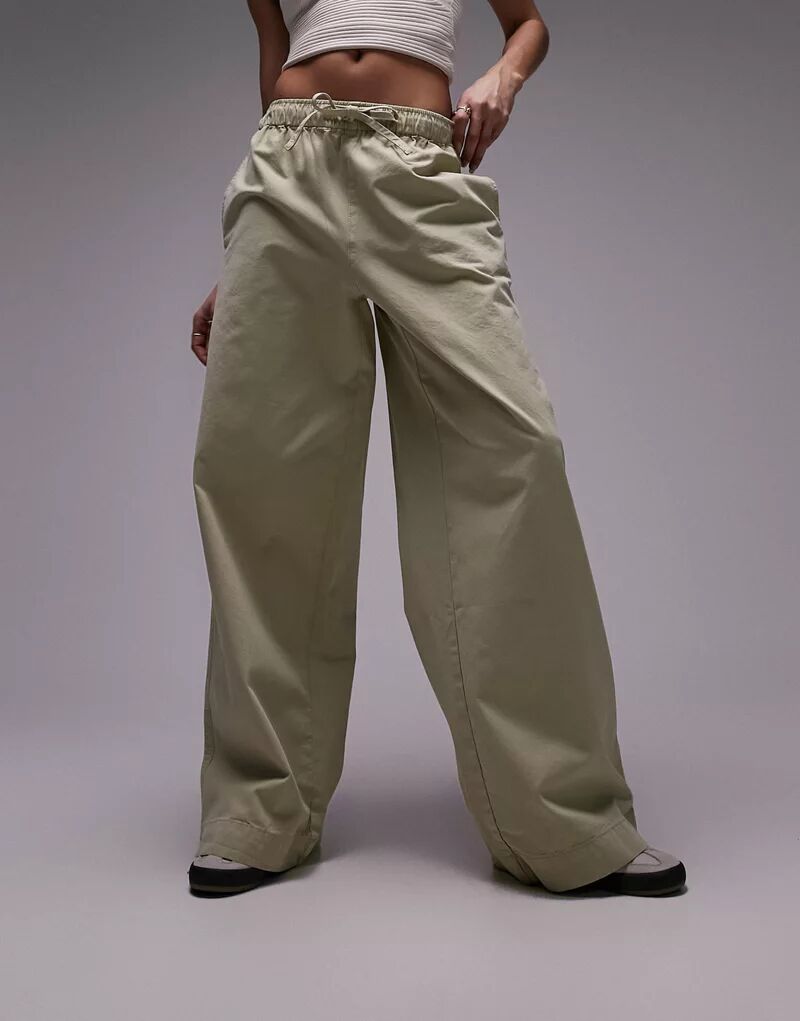 Повседневные брюки прямого кроя с кулиской Topshop бежевого цвета