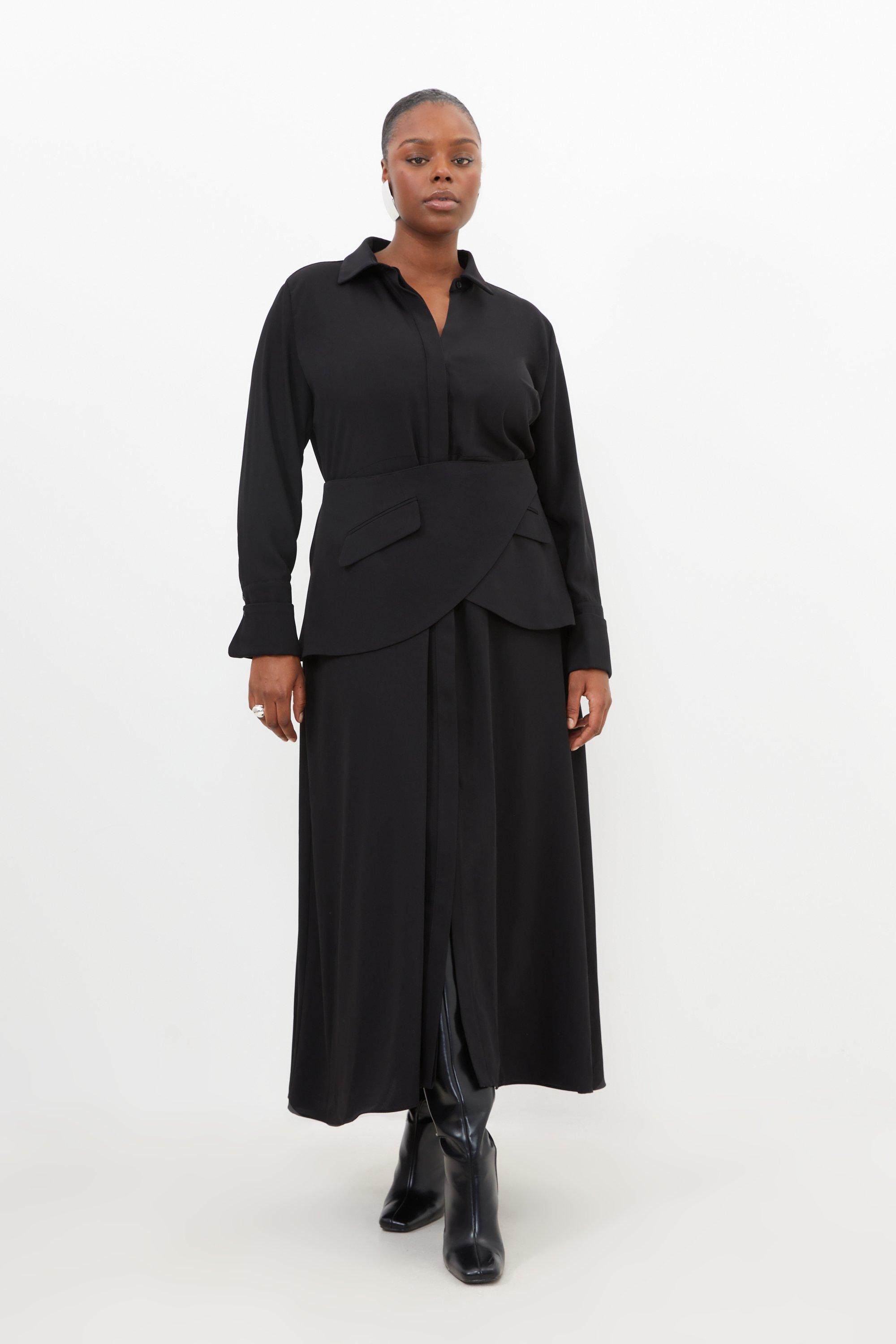 Мягкое приталенное платье-рубашка макси с поясом больших размеров Karen Millen, черный