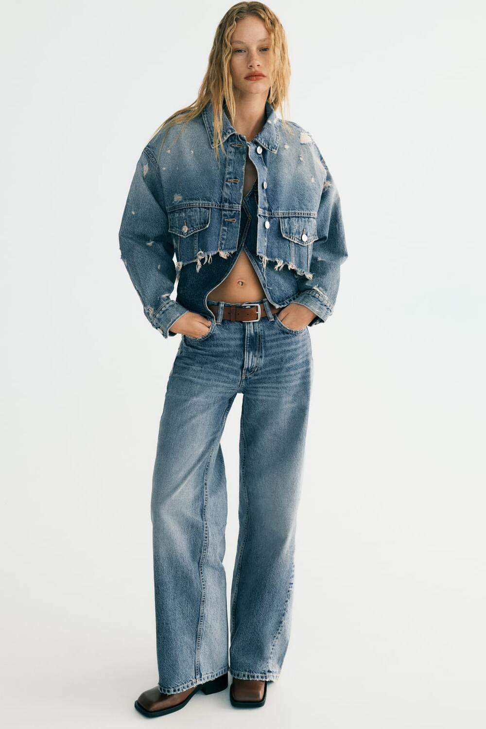 

Укороченная куртка TRF из денима ZARA, синий