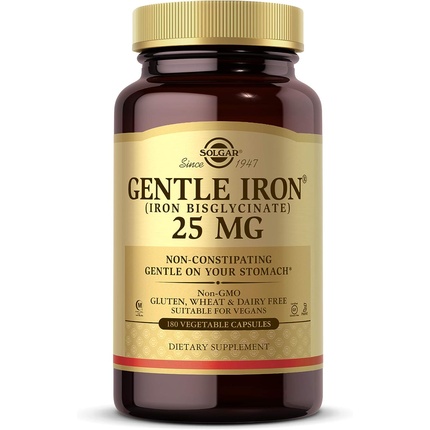 Растительные капсулы Gentle Iron 20 мг уменьшают воздействие запоров. Мягко воздействуют на желудок. Веганский, не содержит глютена., Solgar