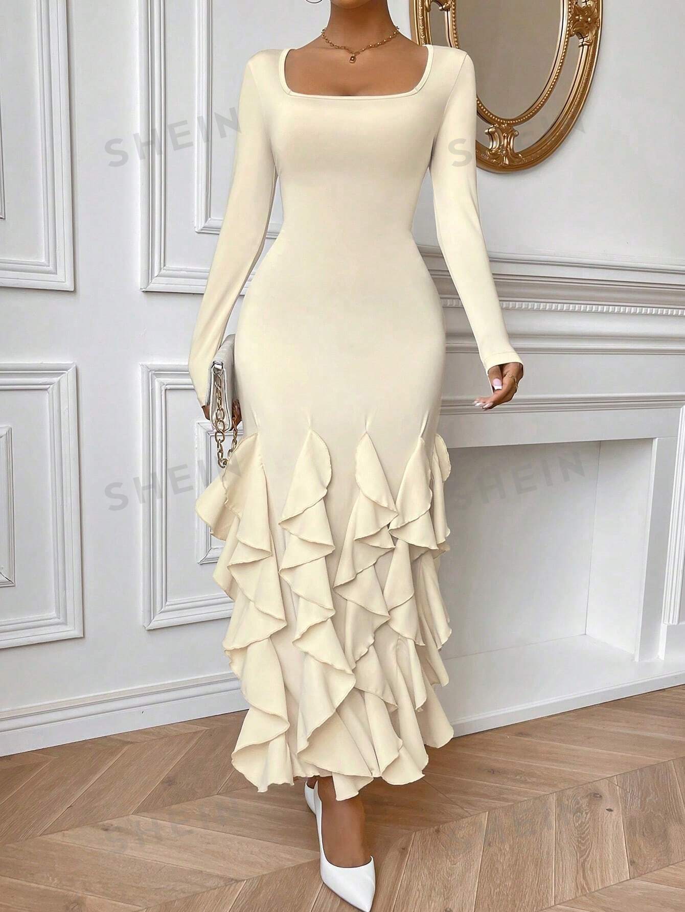 SHEIN Privé женское однотонное облегающее платье с оборками и рыбьим хвостом, абрикос платье черное с рукавами клеш 44 размер
