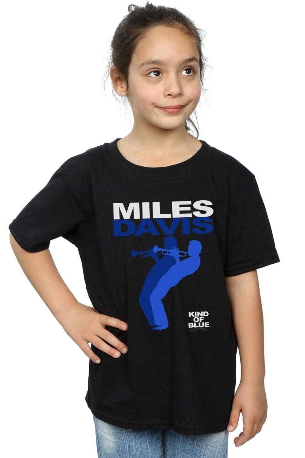 Вид синей хлопковой футболки Miles Davis, черный вид синей футболки miles davis черный