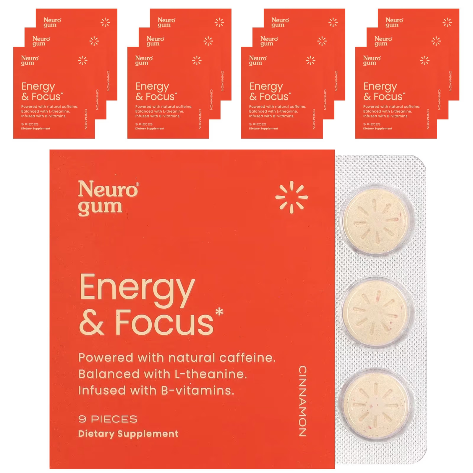 цена Пищевая добавка NeuroGum Energy & Focus Cinnamon с L-теанином,12 упаковок по 9 штук в каждой