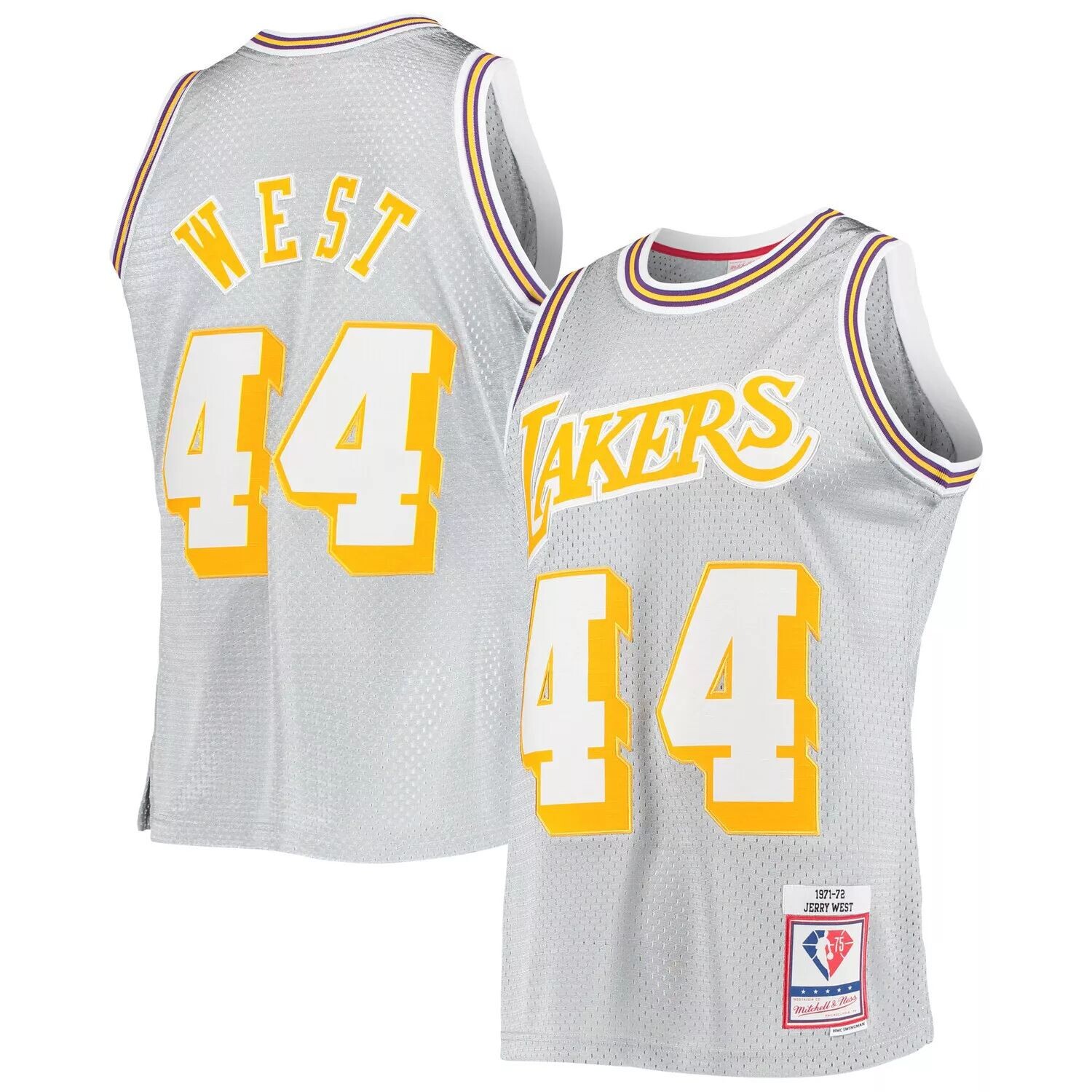 

Мужская майка Mitchell & Ness Jerry West Silver Los Angeles Lakers 75th Anniversary 1971-72 Hardwood Classics Swingman