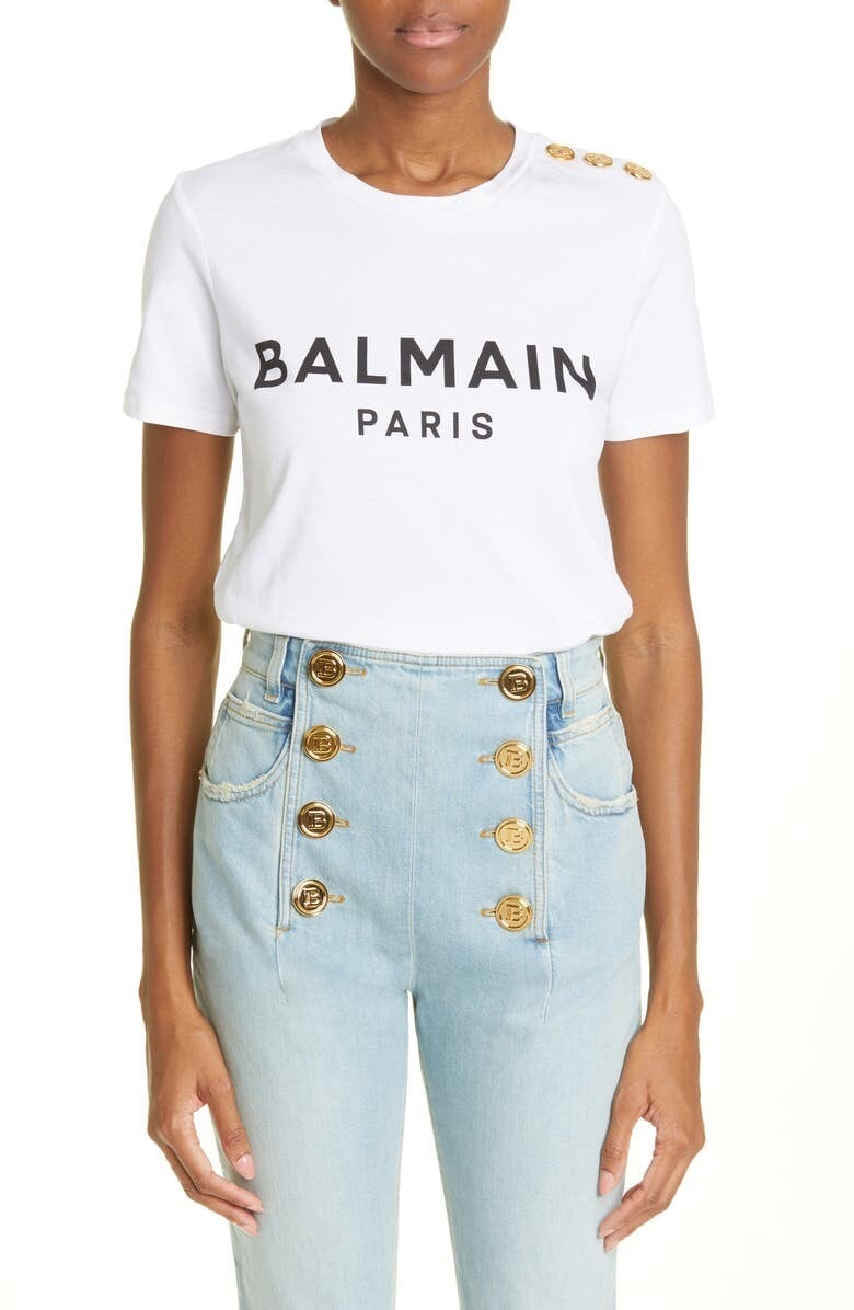 

Хлопковая футболка с логотипом и пуговицами на плечах BALMAIN, белый/черный