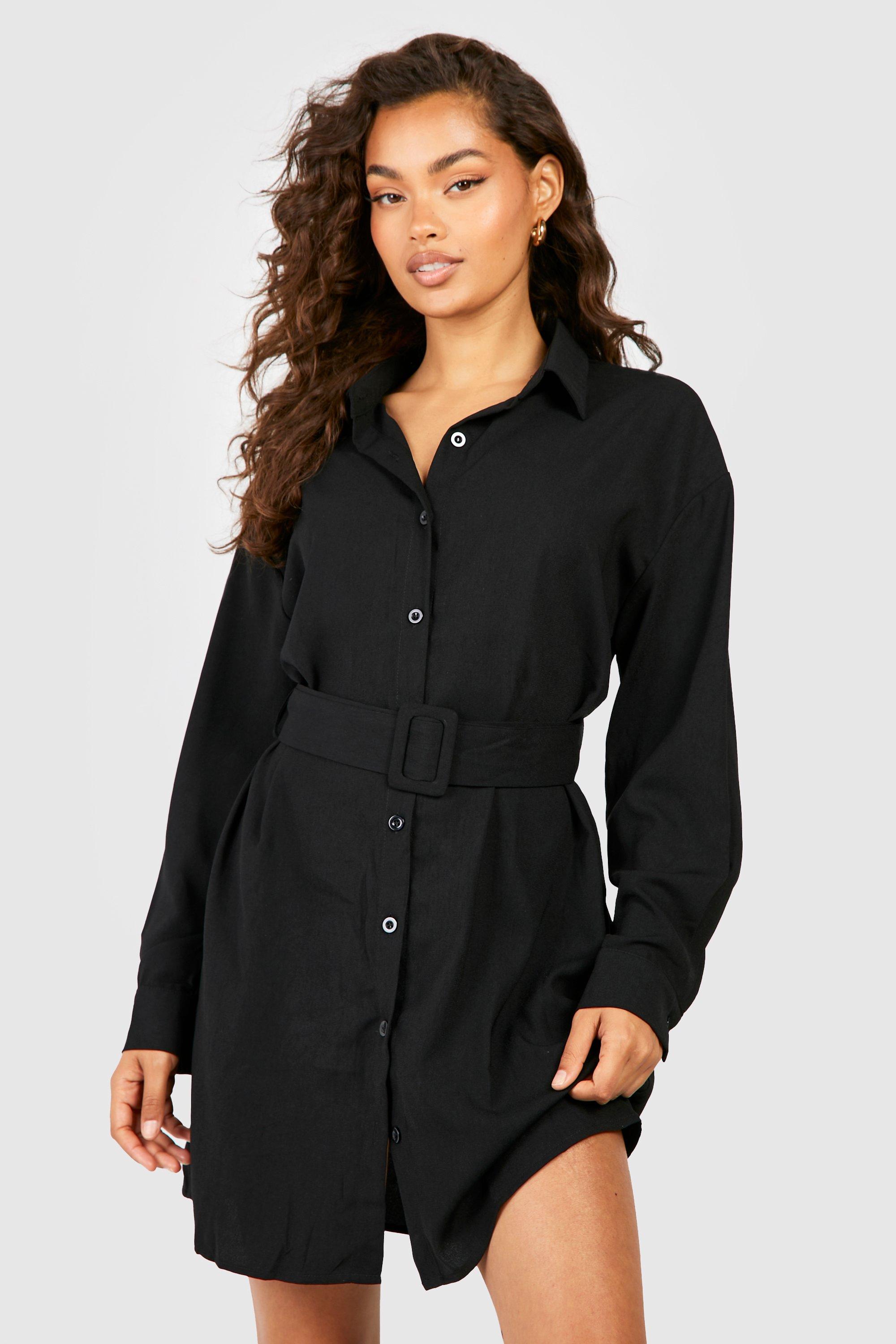 Платье-рубашка с поясом на пуговицах с длинным рукавом Boohoo, черный женское платье с длинным рукавом на пуговицах с поясом