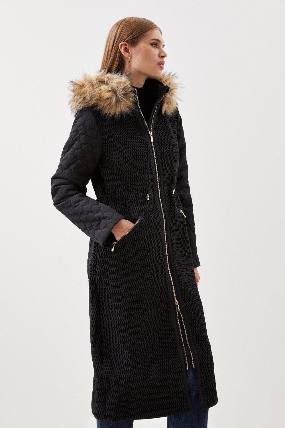 

Удлиненное пальто Signature Quilt с капюшоном из искусственного меха Karen Millen, черный