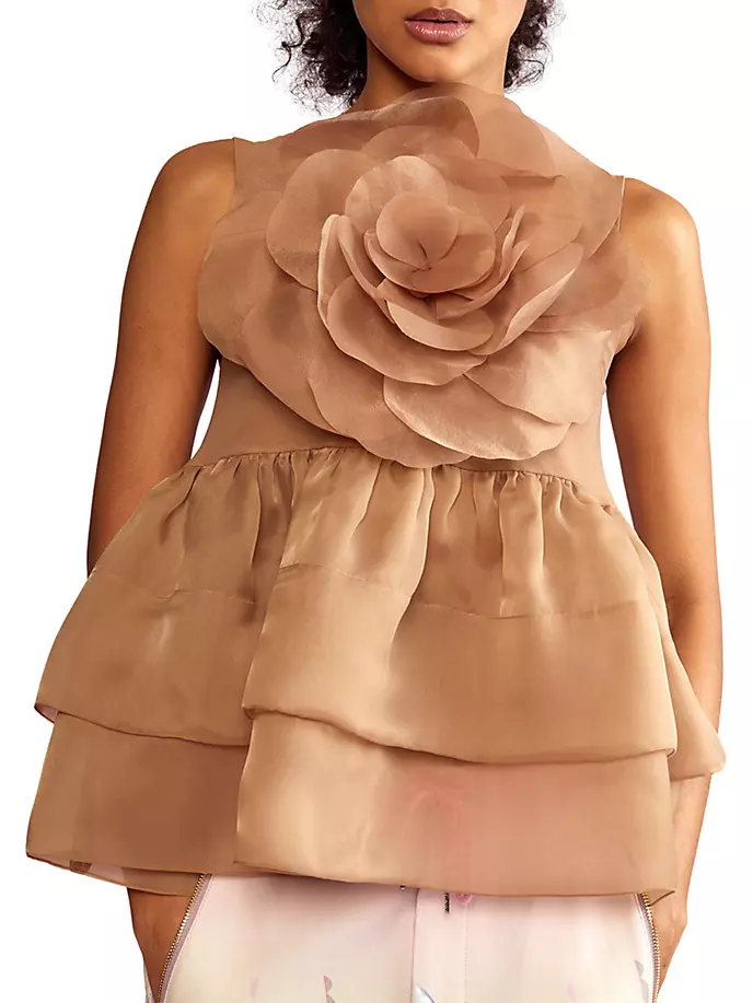 

Многоярусный топ из органзы с цветочным узором Cynthia Rowley, цвет camel