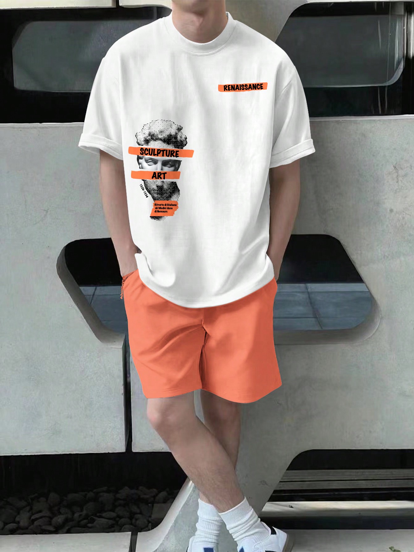 Мужской комплект из футболки и шорт с принтом персонажей и букв, апельсин