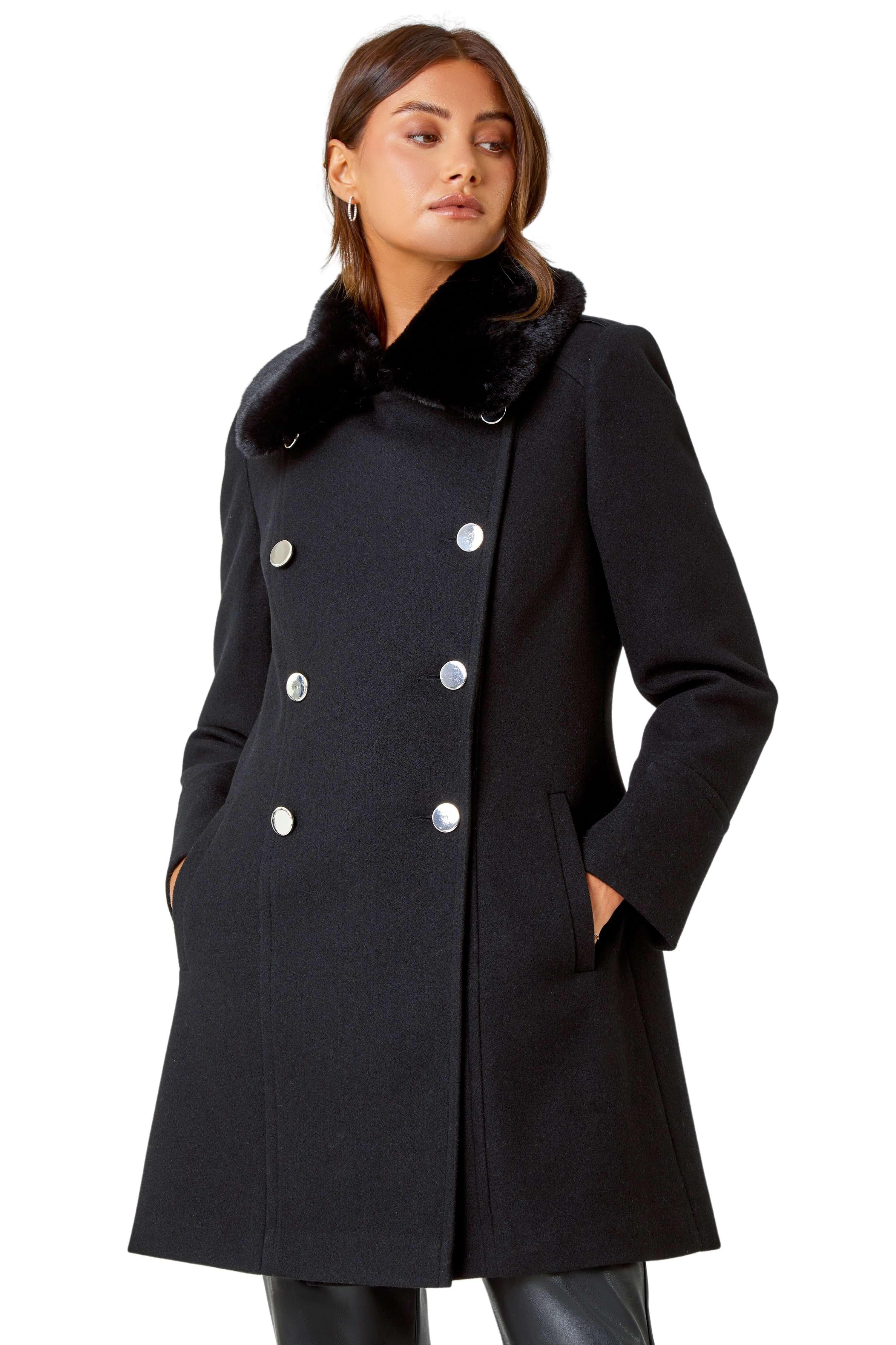 Двубортное пальто с воротником из искусственного меха Roman, черный женское плюшевое пальто свободное пальто из искусственного меха кролика с воротником стойкой осень зима 2023