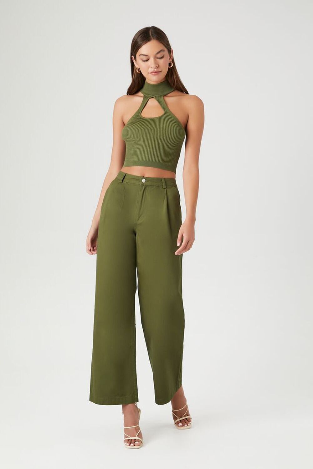 

Широкие брюки с высокой посадкой Forever 21, оливковый, Зеленый