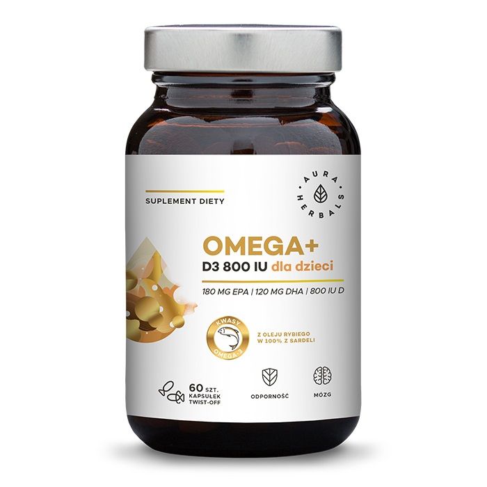 Омега-3 кислоты с витамином D3 Aura Herbals Omega+ Witamina D3 800IU Dla Dzieci Twist-off, 60 шт