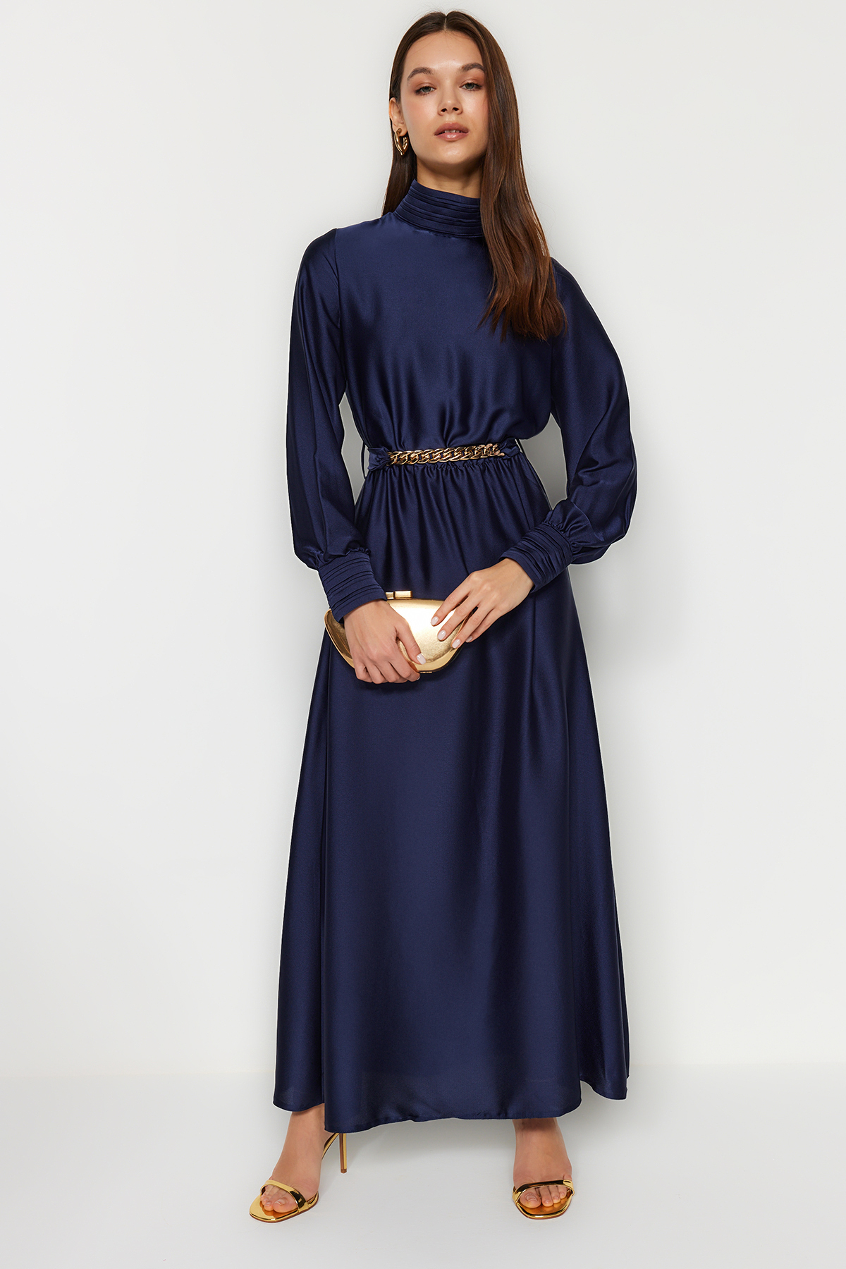 Темно-синее тканое вечернее платье с воротником и манжетами, драпировкой и поясом Trendyol Modest, темно-синий