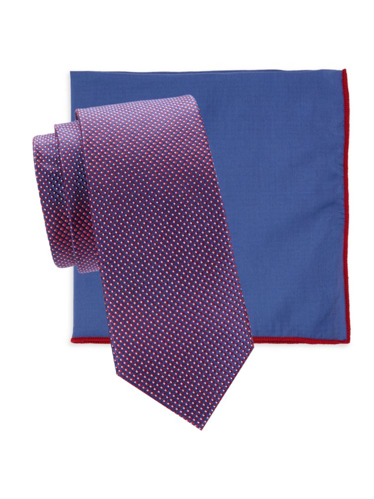 Комплект из двух шелковых галстуков и нагрудного платка Hickey Freeman, цвет Navy Red