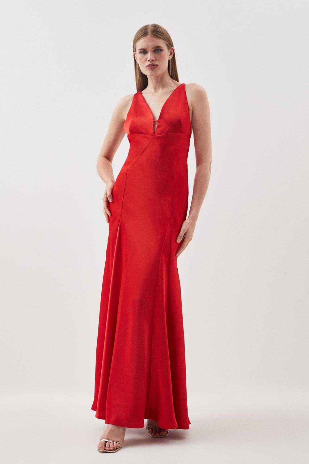 цена Тканое платье макси премиум-класса со вставками из атласной ткани Karen Millen, красный