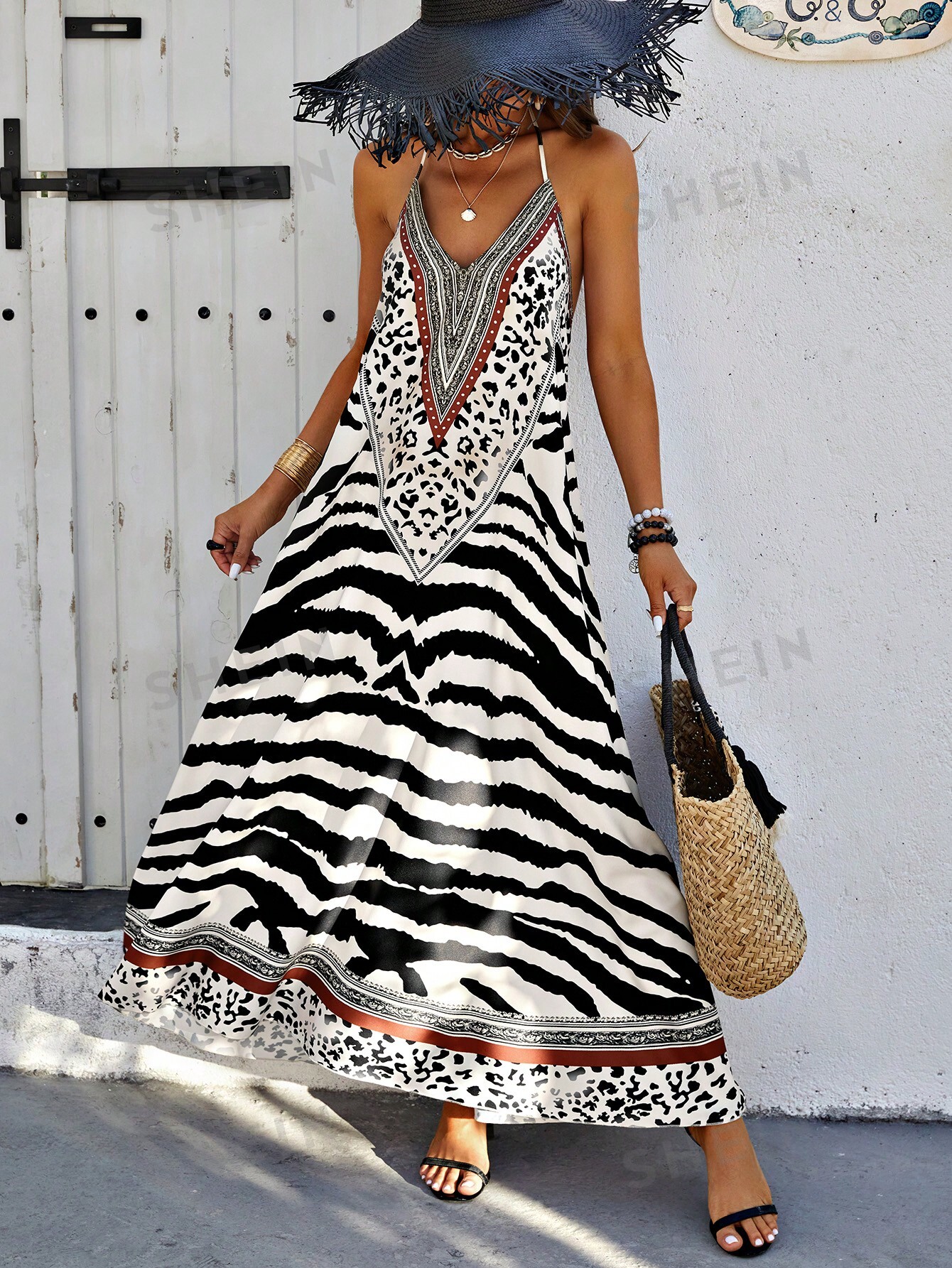 SHEIN VCAY Платье в стиле пэчворк с открытой спиной и вырезом через шею в случайном порядке, многоцветный