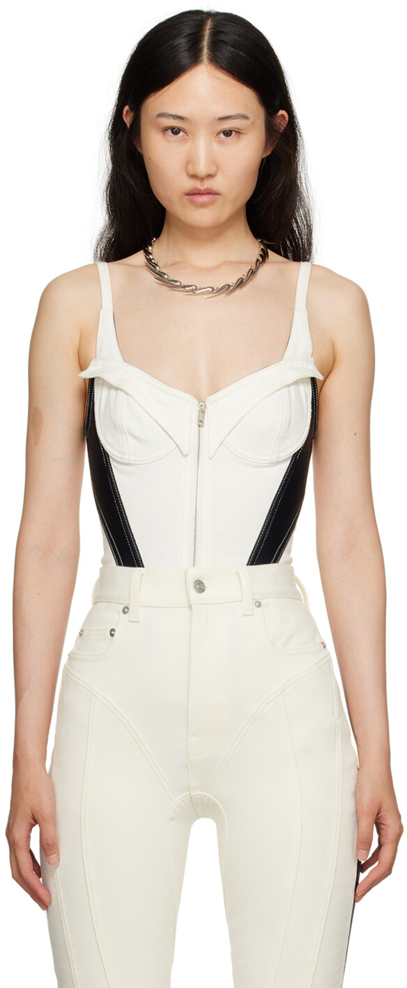 

Бело-черное джинсовое боди Mugler со вставками