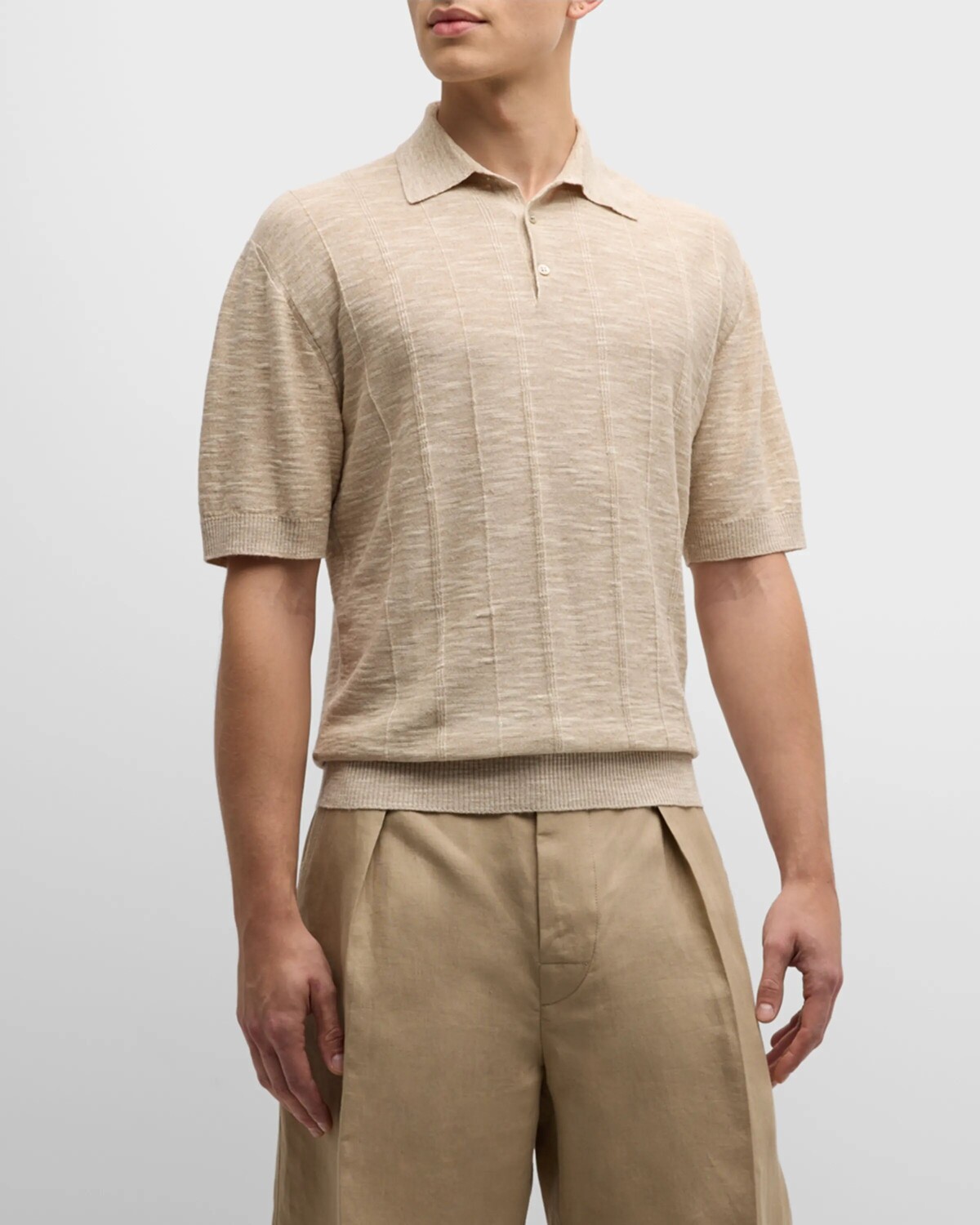 

Мужская жаккардовая рубашка-поло Tori из льна и шелка Loro Piana, цвет Soft Beige Melange