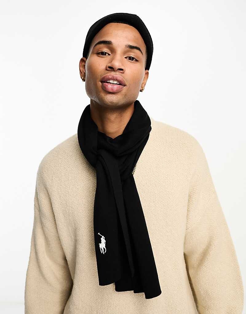 

Polo Ralph Lauren - Шарф из хлопка пима в рубчик черного цвета с логотипом