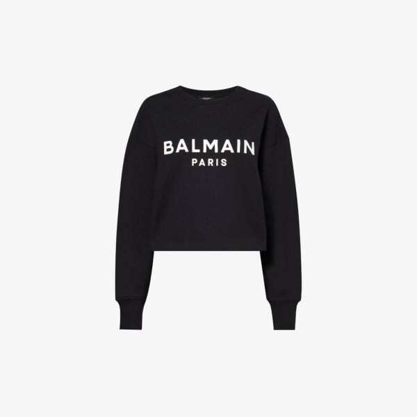 Укороченная толстовка из хлопкового джерси с логотипом Balmain, цвет noir blanc