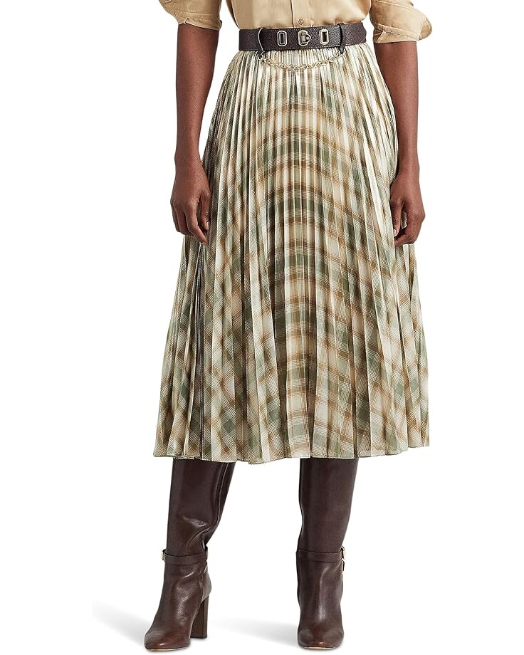 

Юбка LAUREN Ralph Lauren Plaid Pleated Metallic Georgette, цвет Cream/Olive