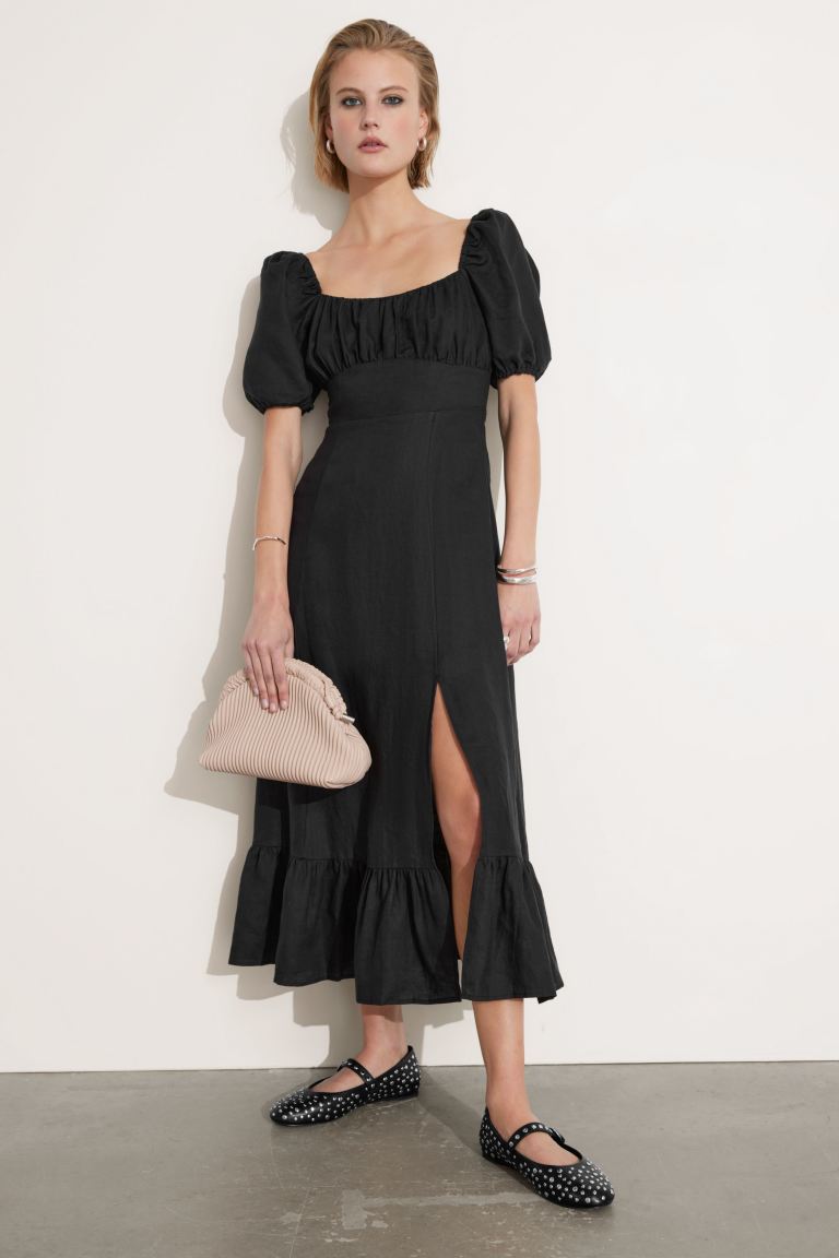 Льняное платье миди с пышными рукавами и другими историями H&M, черный