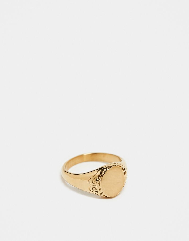 

ASOS DESIGN – Кольцо-печатка из нержавеющей стали с узором снаружи, золотое