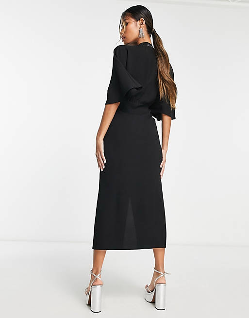 Черное креповое платье миди с глубоким вырезом и завязкой спереди ASOS DESIGN