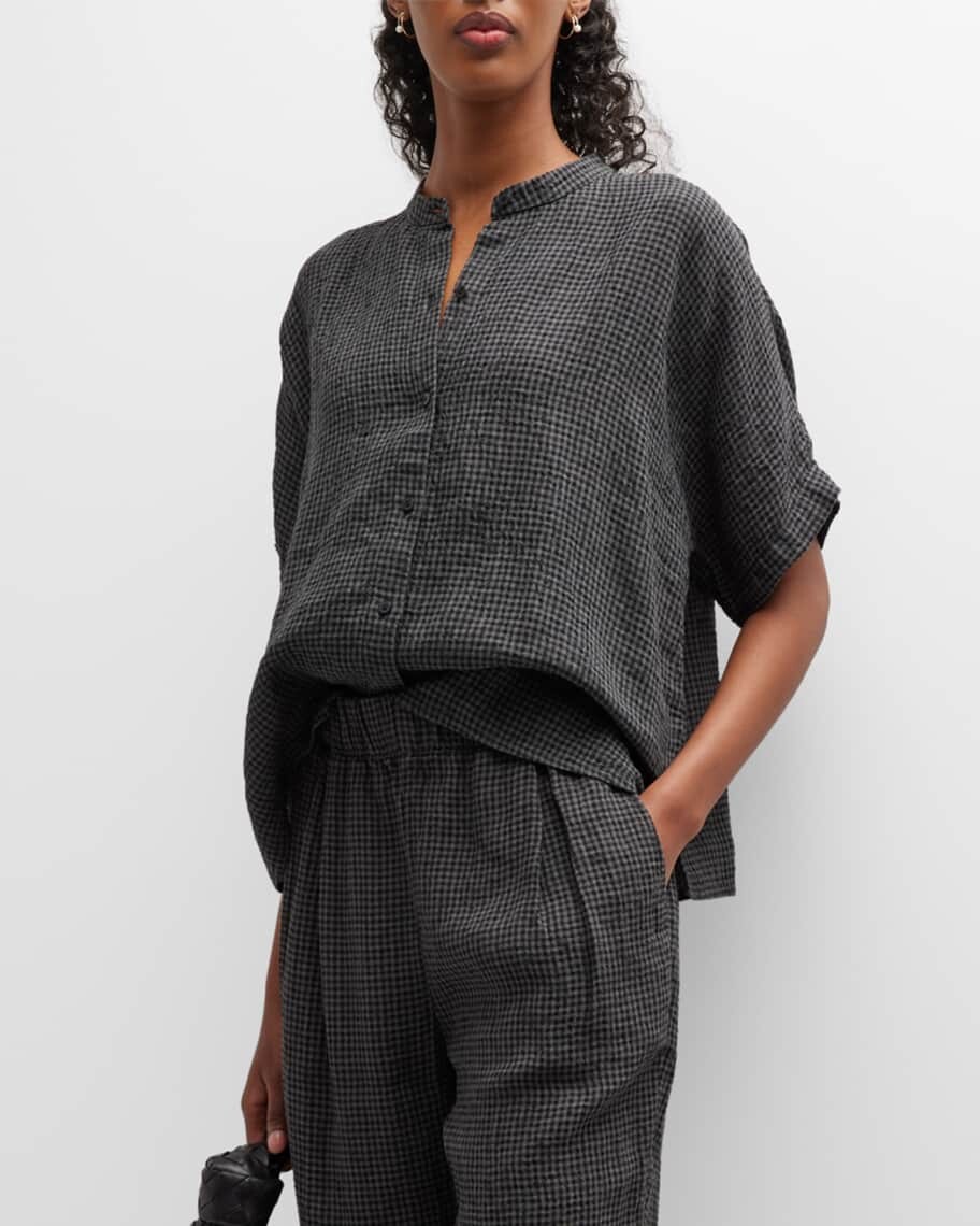 

Льняная рубашка в клетку со складками на пуговицах Eileen Fisher