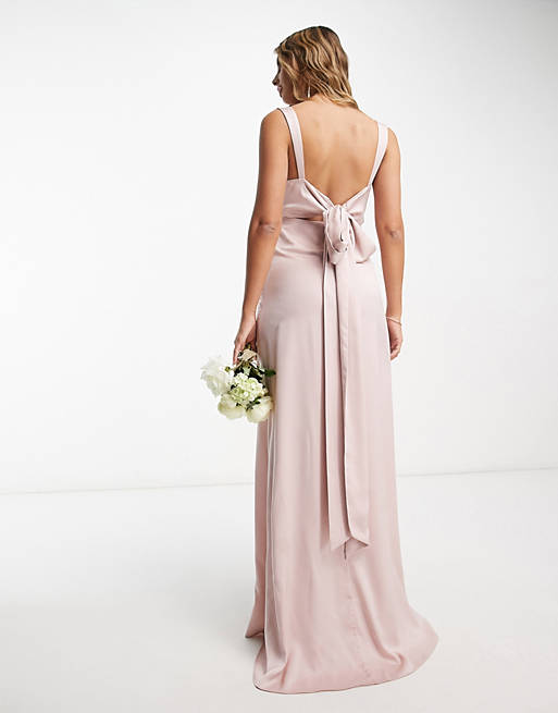 Розовое атласное драпированное платье макси с бантом на спине ASOS DESIGN Bridesmaid