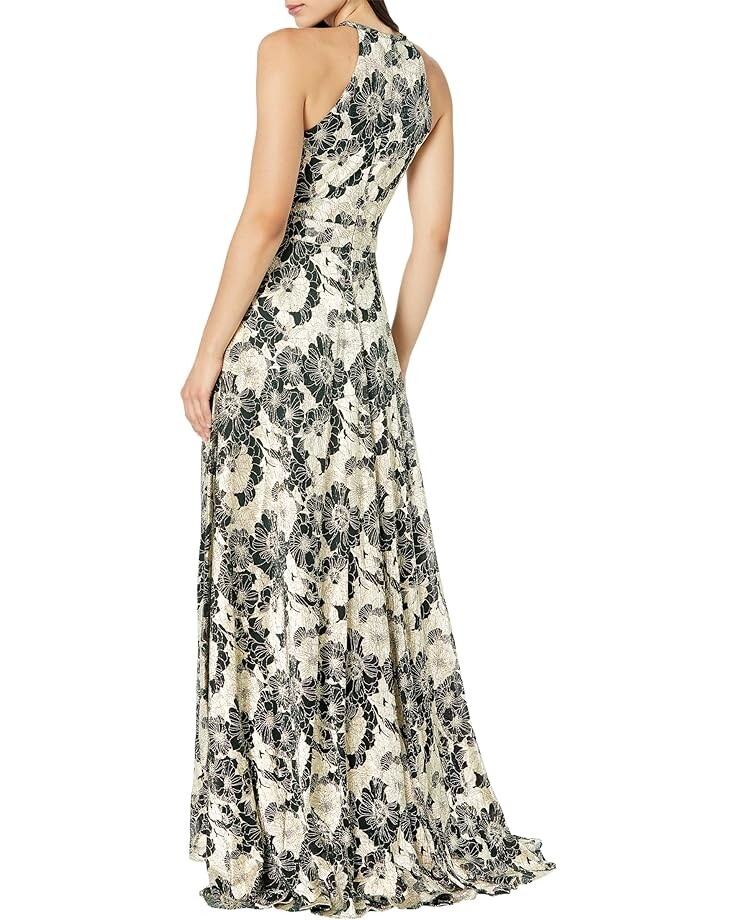 

Платье Betsy & Adam Long Foil Print Halter Gown with Wrap Skirt, цвет Green/Gold