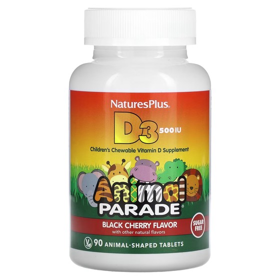 Витамин D3 NaturesPlus Animal Parade без сахара черная вишня 500 МЕ, 90 таблеток в форме животных