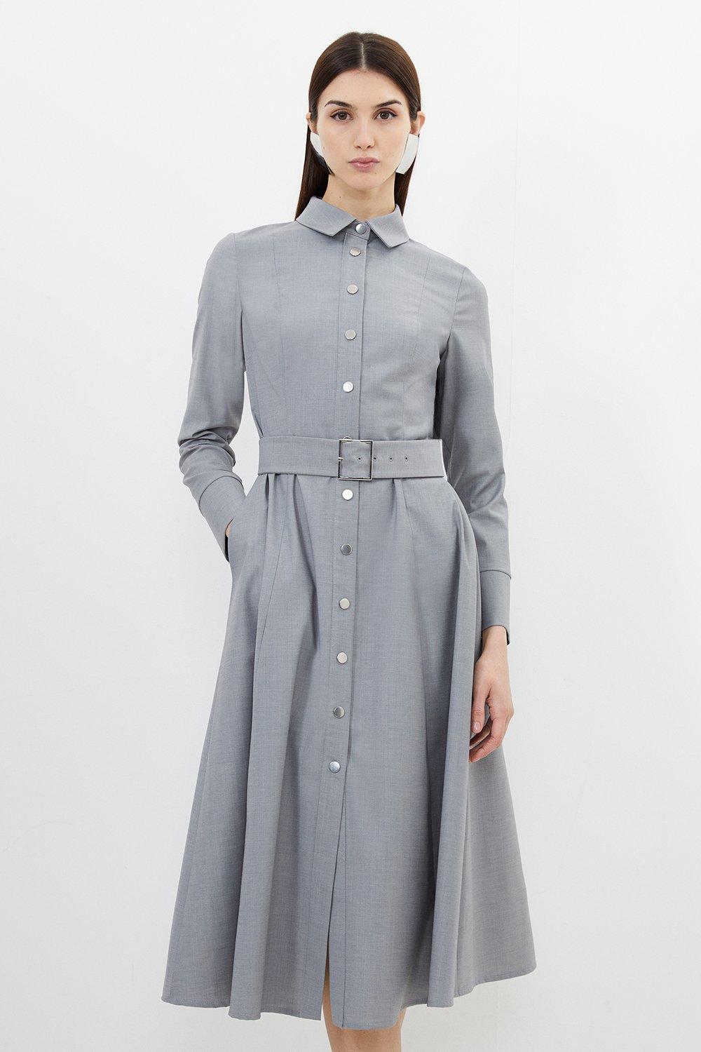 Платье-рубашка из смесовой шерсти с поясом на заказ Karen Millen, серый цена и фото