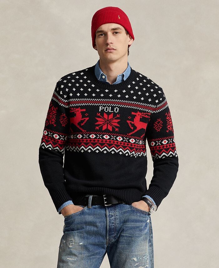 

Мужской свитер из хлопка и кашемира с оленями Polo Ralph Lauren, черный