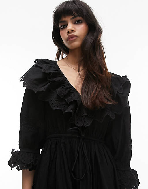 

Черное платье мини с оборками Topshop, Черный
