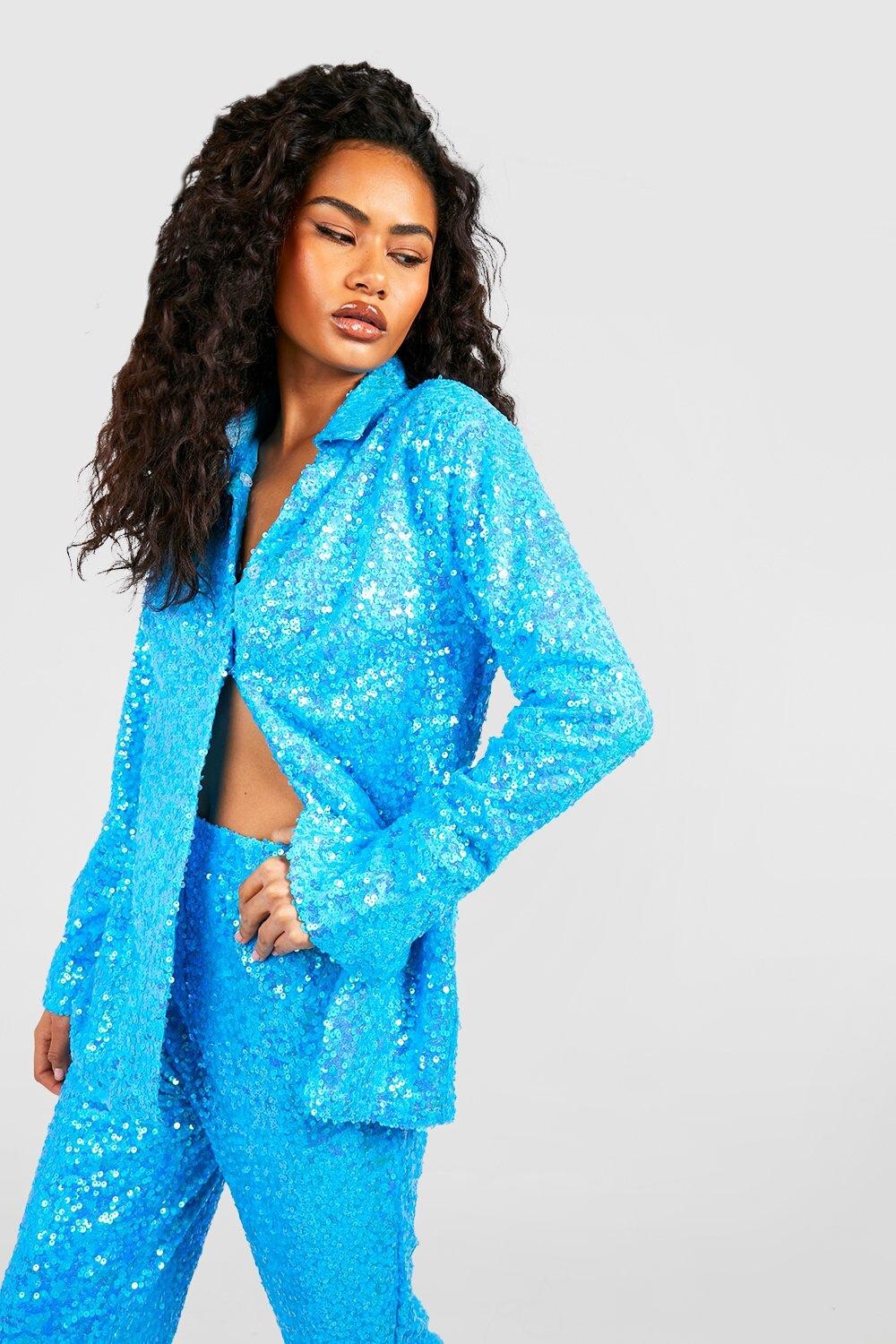 

Рубашка color pop с пайетками и подплечниками Boohoo, кобальтовый