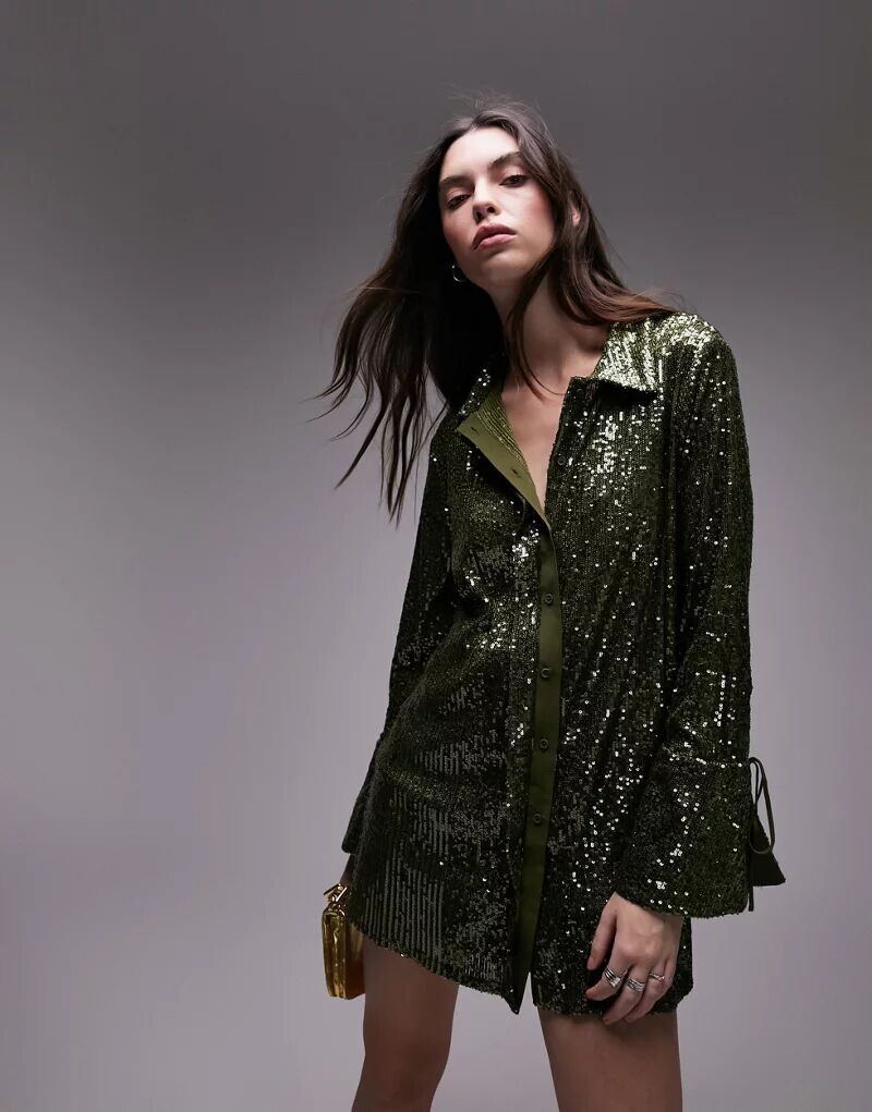 

Зеленая комбинатная рубашка оверсайз с пайетками Topshop