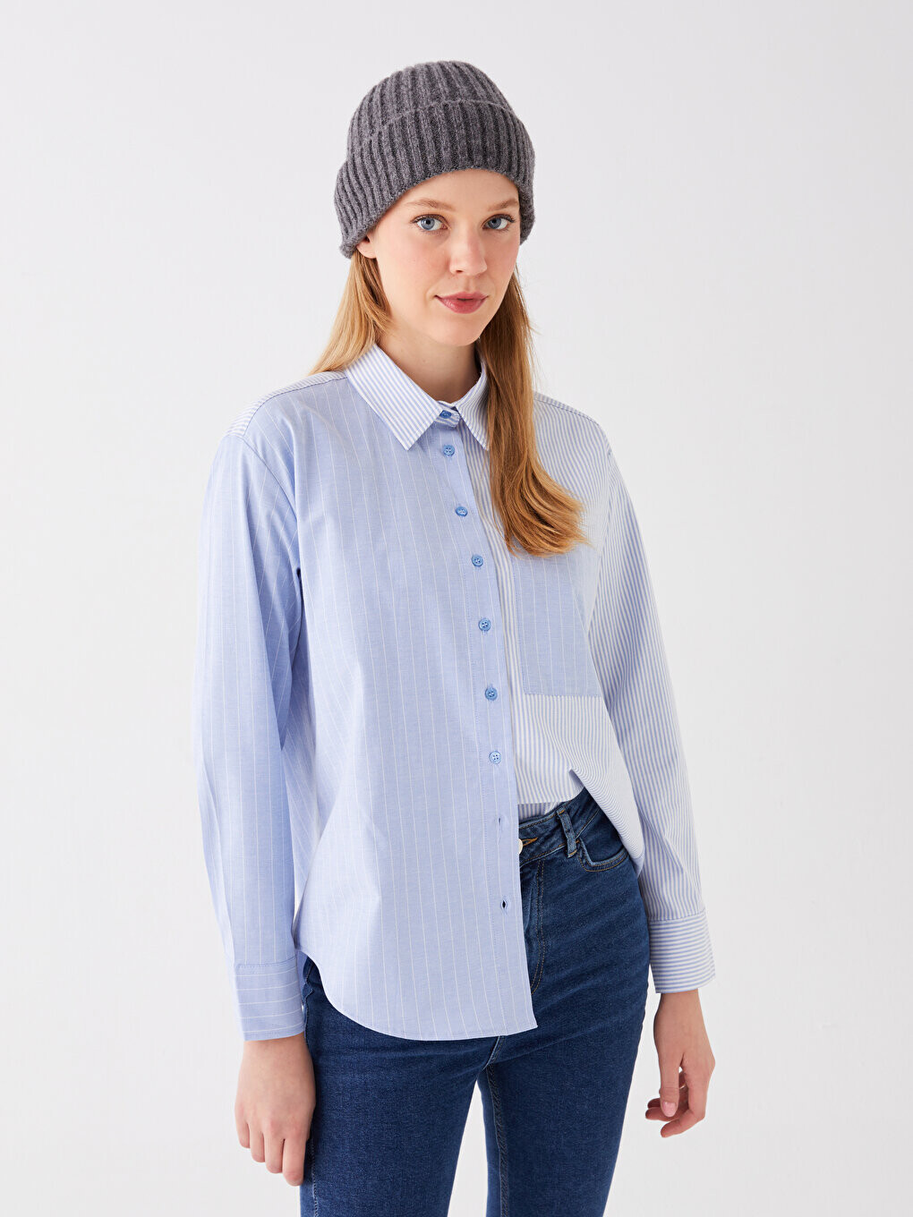 

Полосатая женская рубашка из поплина с длинным рукавом LCW Casual, синие полосы