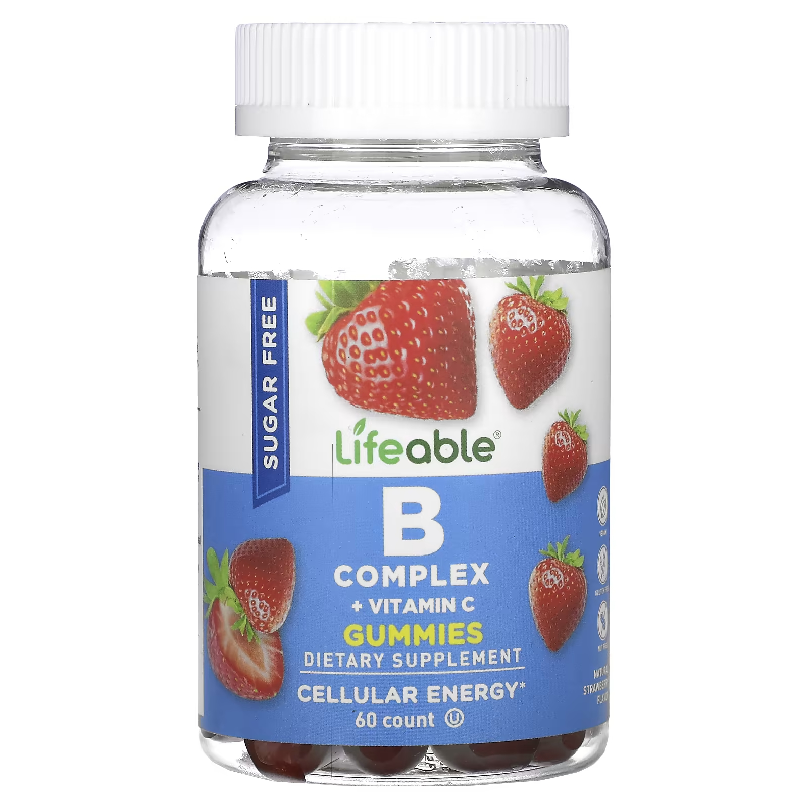 Lifeable B Complex + витамин C жевательные конфеты без сахара, натуральная клубника, 60 жевательных конфет жевательные конфеты lifeable kids с пребиотическим волокном натуральные ягоды 60 жевательных конфет