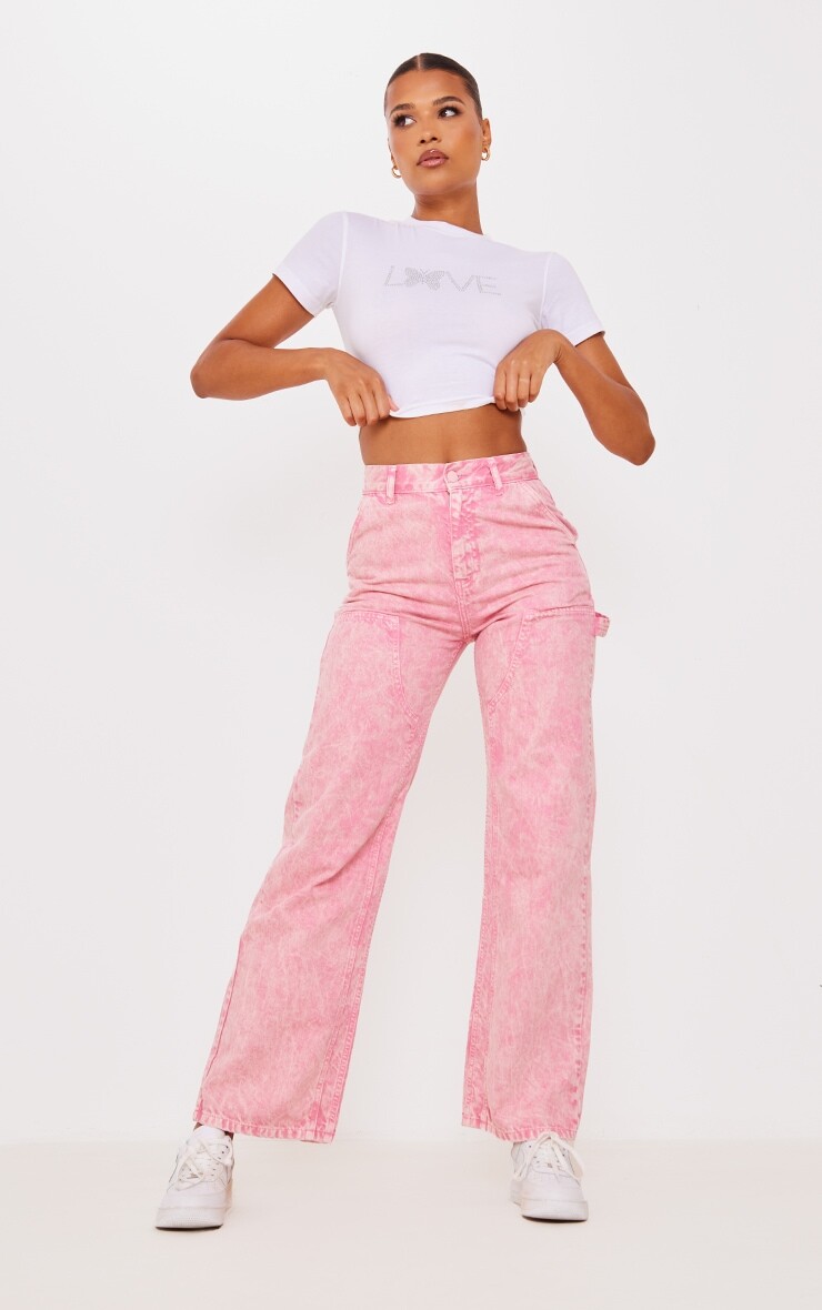

PrettyLittleThing Выстиранные розовые джинсы прямого кроя со вставками со швами