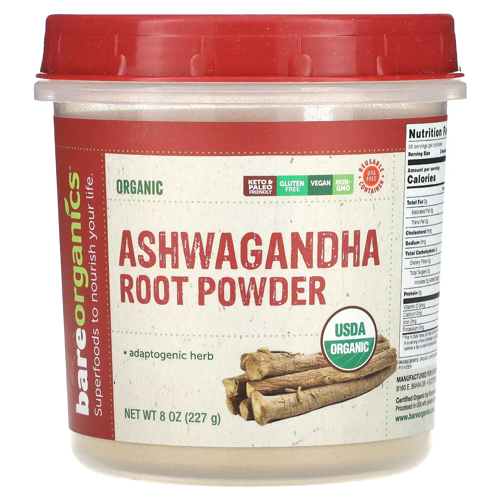 Органический порошок корня ашваганды BareOrganics, 227 г pure indian foods органический порошок из корня ашваганды 227 г 8 унций