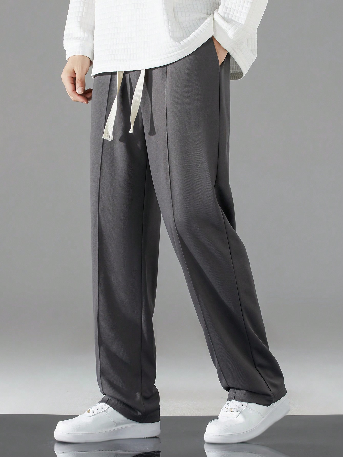 Мужские однотонные повседневные брюки с завязками на талии, темно-серый