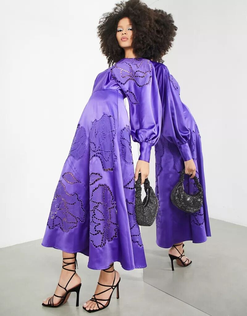 

Фиолетовое кружевное атласное платье миди с длинными рукавами ASOS, Фиолетовый