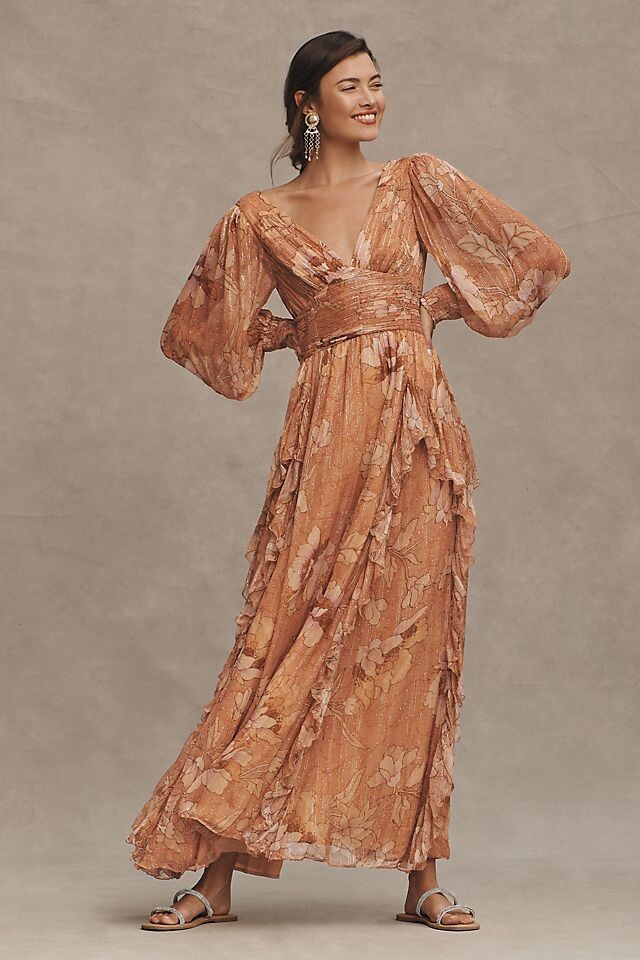 

Шифоновое платье Bhldn с V-образным вырезом длинными рукавами и принтом, бронзовый
