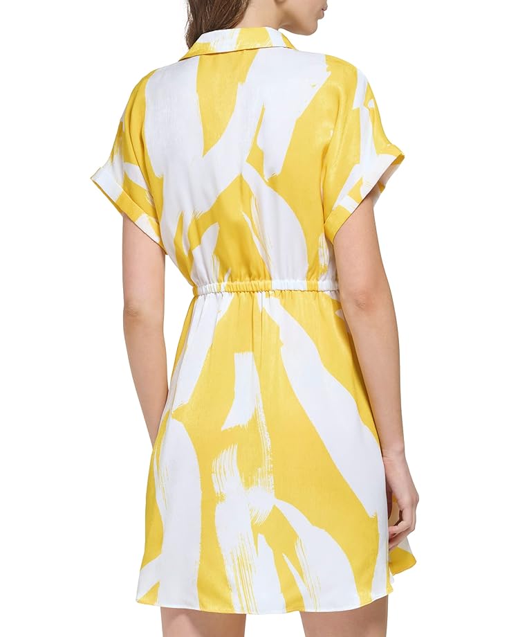 Платье DKNY Short Sleeve Printed Collared Midi Dress, цвет White/Pop Yellow Multi